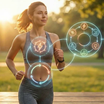 Kobieta biegnie w słońcu na tle drzew z cyfrową grafiką symbolizującą metabolizm, energię i 7 składników suplementów diety wspierających prawidłowe funkcjonowanie organizmu.