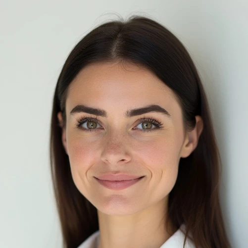 Alicja Dobrzyńska, Analityk Suplementacji Biolane Pharm, młoda kobieta z długimi ciemnymi włosami, uśmiechnięta, w białej koszuli, skrzyżowane ręce, na białym tle.