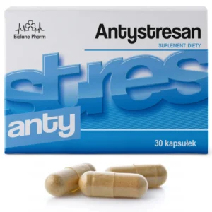 Antystresan Biolane Pharm suplement diety, 30 kapsułek, w białym opakowaniu z niebieskim napisem "Anty stres", na pierwszym planie trzy beżowe kapsułki.