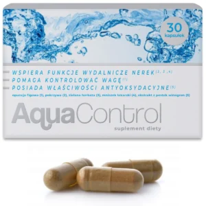 Suplement diety AquaControl 30 kapsułek wspiera nerki i kontrolę wagi, zawiera opuncję figową, pokrzywę, zieloną herbatę, mniszek lekarski i ekstrakt z pestek winogron.