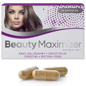 Beauty Maximizer Biolane Pharm suplement diety z kwasem hialuronowym, skrzypem polnym, pokrzywą, biotyną i PABA, 30 kapsułek, opakowanie z grafiką kobiety i trzy beżowe kapsułki.