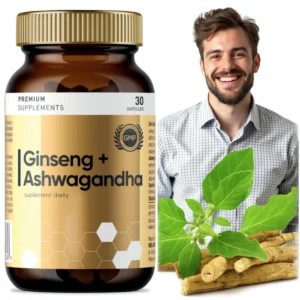 Ginseng + Ashwagandha Biolane Pharm Premium Supplements, 30 kapsułek, w brązowej butelce ze złotą zakrętką, obok uśmiechnięty mężczyzna, liście i korzenie ashwagandhy, promujące wsparcie dla witalności i adaptacji.