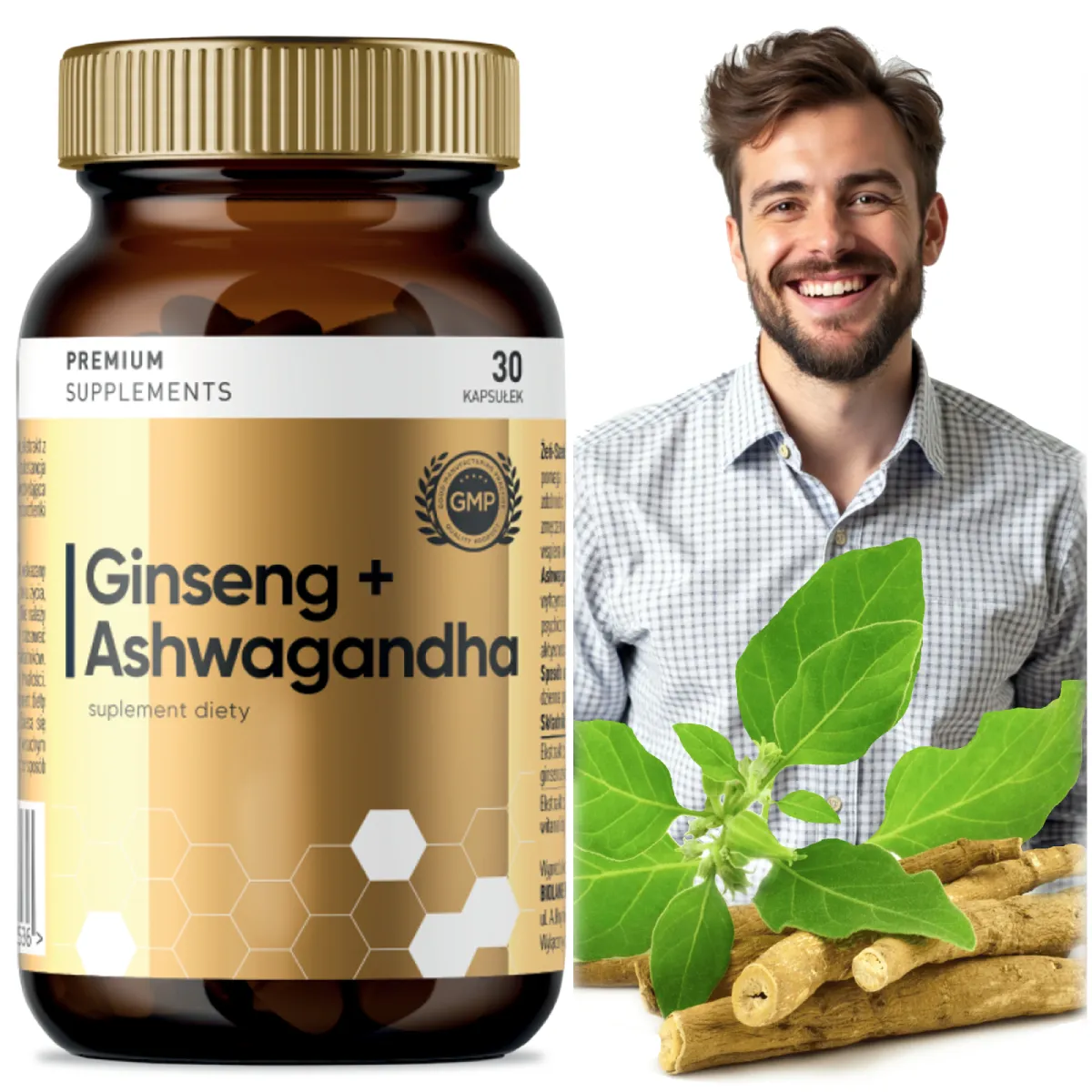 Ginseng + Ashwagandha Biolane Pharm Premium Supplements, 30 kapsułek, w brązowej butelce ze złotą zakrętką, obok uśmiechnięty mężczyzna, liście i korzenie ashwagandhy, promujące wsparcie dla witalności i adaptacji.