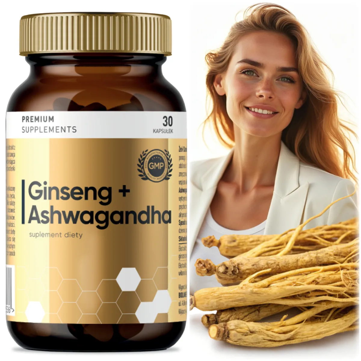 Ginseng + Ashwagandha Biolane Pharm Premium Supplements, 30 kapsułek, w brązowej butelce ze złotą zakrętką, obok uśmiechnięta kobieta w białej marynarce oraz korzenie żeń-szenia, promujące witalność i odporność na stres.
