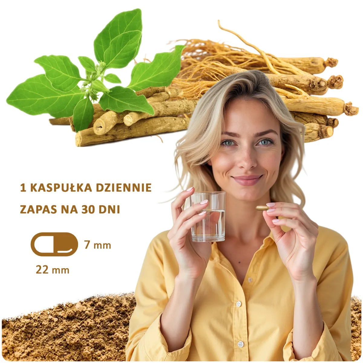 Ginseng + Ashwagandha Biolane Pharm – uśmiechnięta kobieta w żółtej koszuli z kapsułką i szklanką wody, na tle liści i korzeni ashwagandhy oraz żeń-szenia, z informacjami "1 kapsułka dziennie", "Zapas na 30 dni" oraz wymiarami kapsułki 22x7mm.