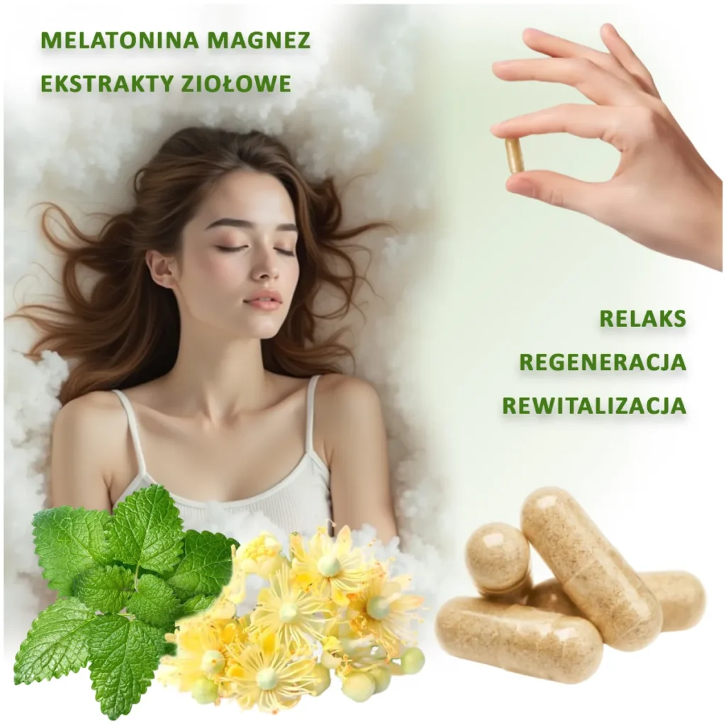 MegaSleep Biolane Pharm – kobieta śpiąca na białych poduszkach, obok liście melisy i kwiaty lipy, a w prawym dolnym rogu trzy kapsułki, w górnym prawym rogu dłoń trzymająca kapsułkę. Teksty: "Melatonina Magnez Ekstrakty ziołowe", "Relaks Regeneracja Rewitalizacja". Obraz promujący suplement diety na sen.