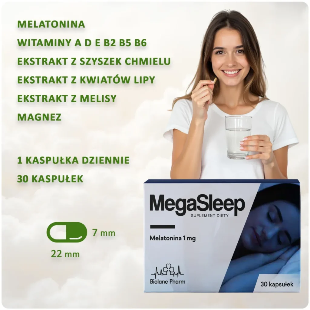 MegaSleep Biolane Pharm suplement diety z melatoniną, witaminami A, D, E, B2, B5, B6, ekstraktami z szyszek chmielu, kwiatów lipy i melisy oraz magnezem, 30 kapsułek, z uśmiechniętą kobietą trzymającą kapsułkę i szklankę wody, na białym tle.