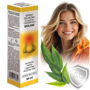 Spray do nosa ze srebrem i eukaliptusem Biolane Pharm, 30 ml, na tle uśmiechniętej kobiety, liści eukaliptusa i symbolu Ag, promujący oczyszczanie, nawilżanie i regenerację śluzówki nosa.