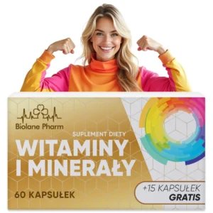 Biolane Pharm – suplement diety „Witaminy i Minerały”, opakowanie 60 kapsułek z dodatkiem 15 kapsułek gratis, formuła multiwitaminowo-mineralna, nowoczesne wizualnie, przyciągające uwagę.