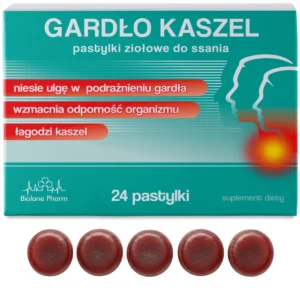 Gardło Kaszel Biolane Pharm pastylki ziołowe do ssania, 24 pastylki, białe opakowanie z zielonymi akcentami i grafiką gardła, promujące ulgę w podrażnieniu gardła, wzmocnienie odporności i łagodzenie kaszlu, na pierwszym planie dwie brązowe pastylki.