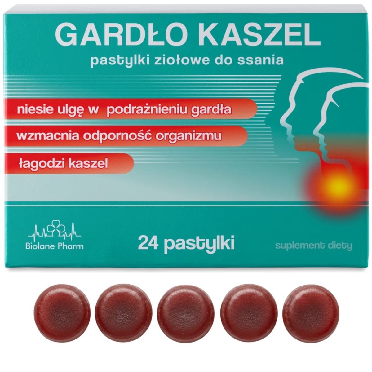 Gardło Kaszel Biolane Pharm pastylki ziołowe do ssania, 24 pastylki, białe opakowanie z zielonymi akcentami i grafiką gardła, promujące ulgę w podrażnieniu gardła, wzmocnienie odporności i łagodzenie kaszlu, na pierwszym planie dwie brązowe pastylki.