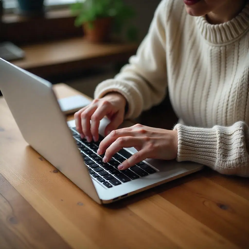 „Zbliżenie dłoni kobiety piszącej na laptopie na drewnianym biurku – fotografia produktowa idealna dla e‑commerce suplementów diety wspierających koncentrację i produktywność.