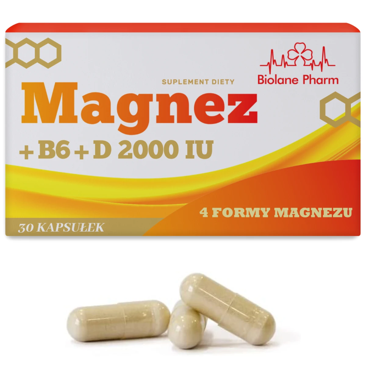 Suplement diety Magnez B6 D 2000 IU Biolane Pharm w opakowaniu i 3 kapsułki – 4 formy magnezu, 30 sztuk