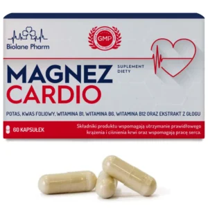 Magnez Cardio Biolane Pharm suplement diety z magnezem, potasem, kwasem foliowym, witaminami B1, B6, B12 i głogiem, 60 kapsułek wspierających krążenie i serce, opakowanie i trzy beżowe kapsułki.