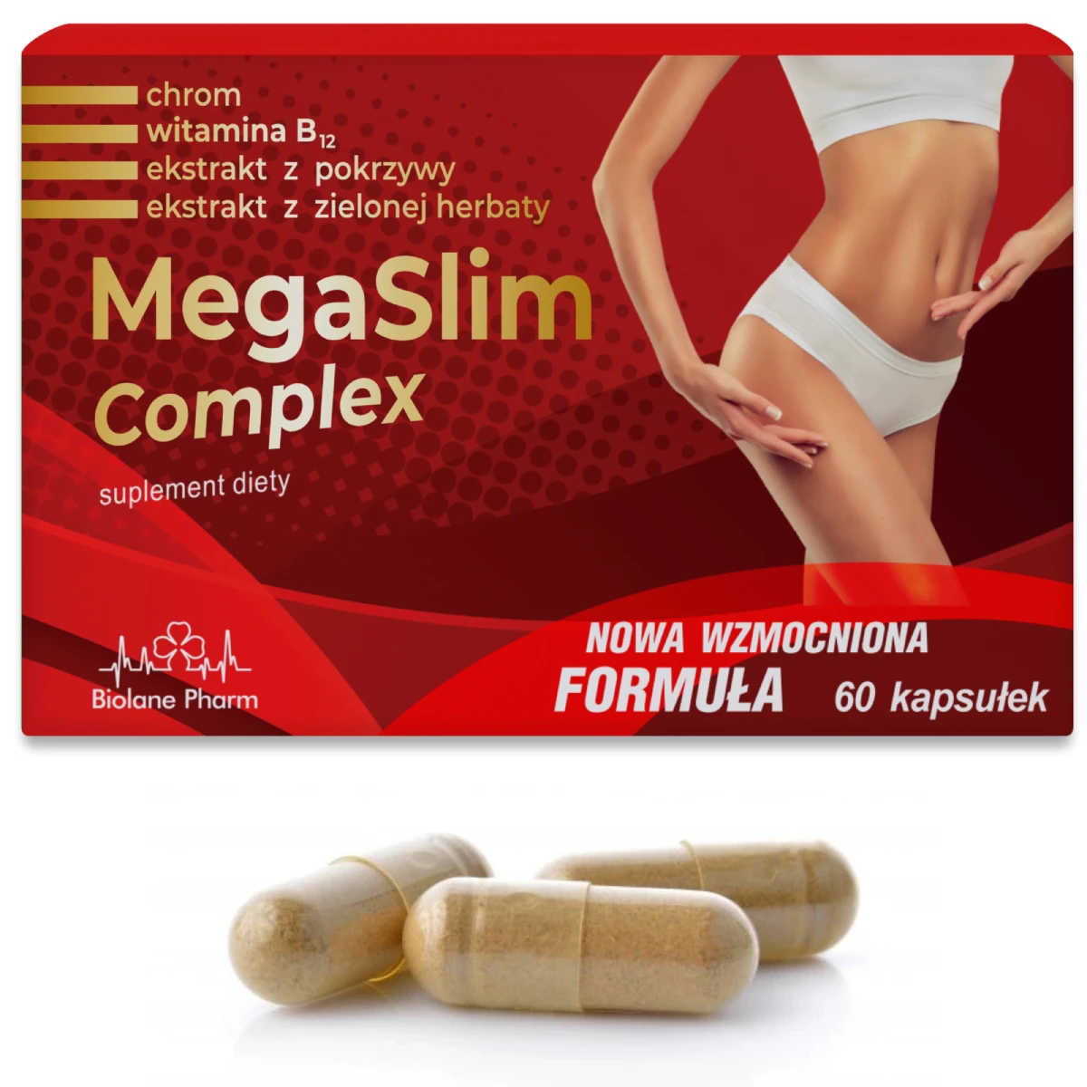 Suplement diety MegaSlim Complex Biolane Pharm 60 kapsułek z chromem, witaminą B12, ekstraktem z pokrzywy i zielonej herbaty, nowa wzmocniona formuła
