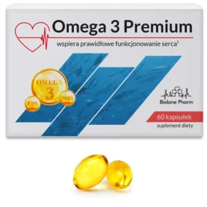 Omega 3 Premium Biolane Pharm wspiera prawidłowe funkcjonowanie serca, 60 kapsułek, w białym opakowaniu z grafiką serca EKG, ryb i złotych kapsułek Omega 3, na pierwszym planie dwie żółte kapsułki.