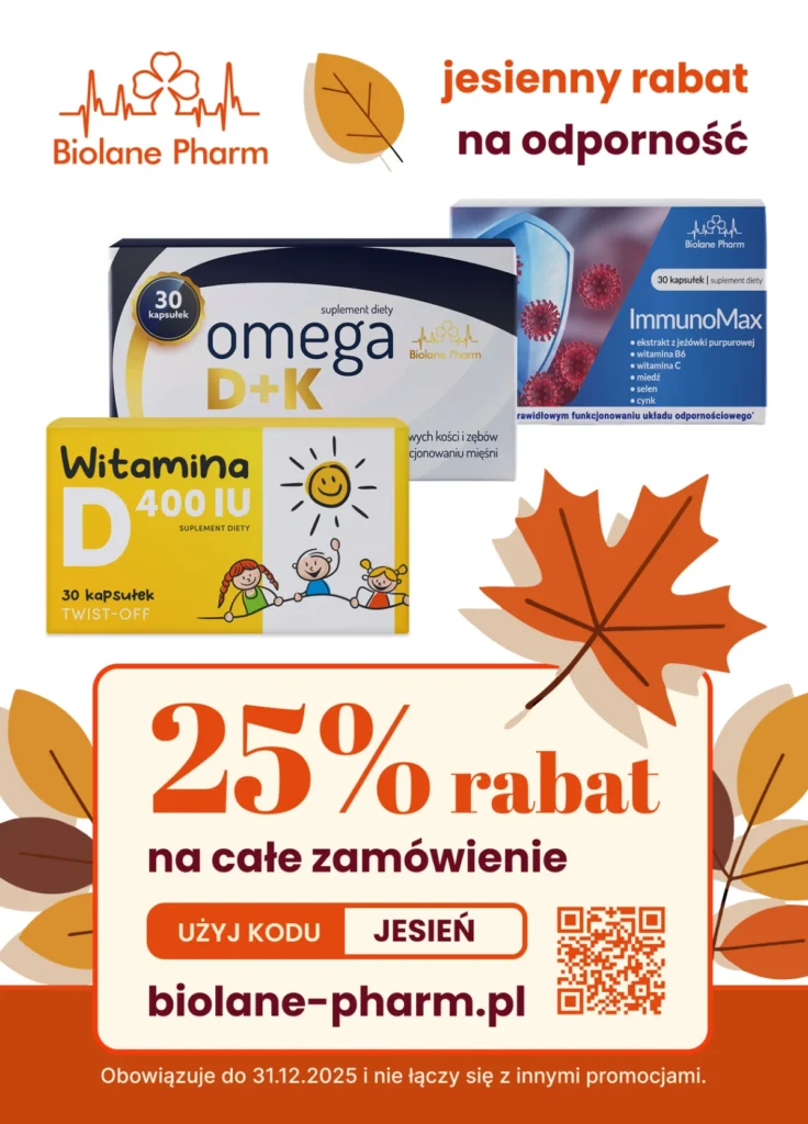 Oferta Biolane Pharm jesienny rabat -25% na suplementy diety wspierające odporność: ImmunoMax (jeżówka, witamina C, cynk), Omega D+K, Witamina D 400 IU. Zestaw na wzmocnienie organizmu.