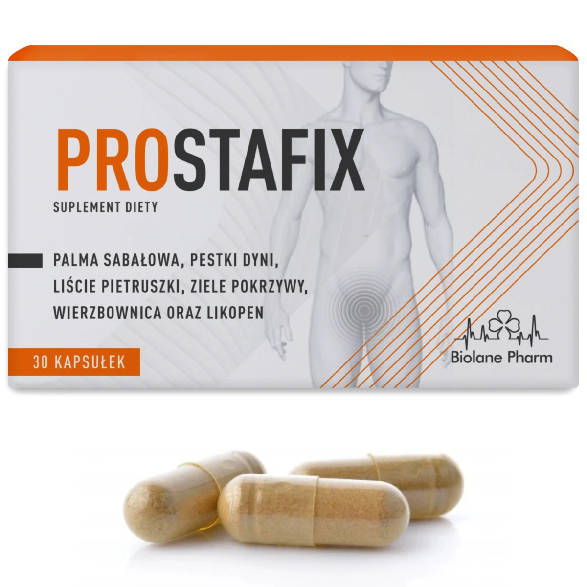 Prostafix suplement diety 30 kapsułek na prostatę. Opakowanie z palmą sabałową, pestkami dyni i zielem pokrzywy, obok leżą trzy beżowe kapsułki.