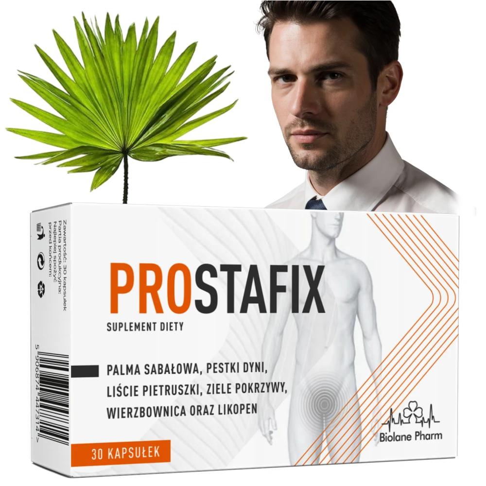 Suplement diety Prostafix Biolane Pharm na prostatę, 30 kapsułek. Opakowanie zawiera palmę sabałową, pestki dyni, pokrzywę i likopen. Widoczny model oraz grafika anatomiczna.
