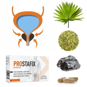 Suplement diety Prostafix Biolane Pharm na prostatę, 30 kapsułek. Opakowanie i składniki: palma sabałowa, pestki dyni, wierzbownica, likopen oraz grafika układu moczowego.