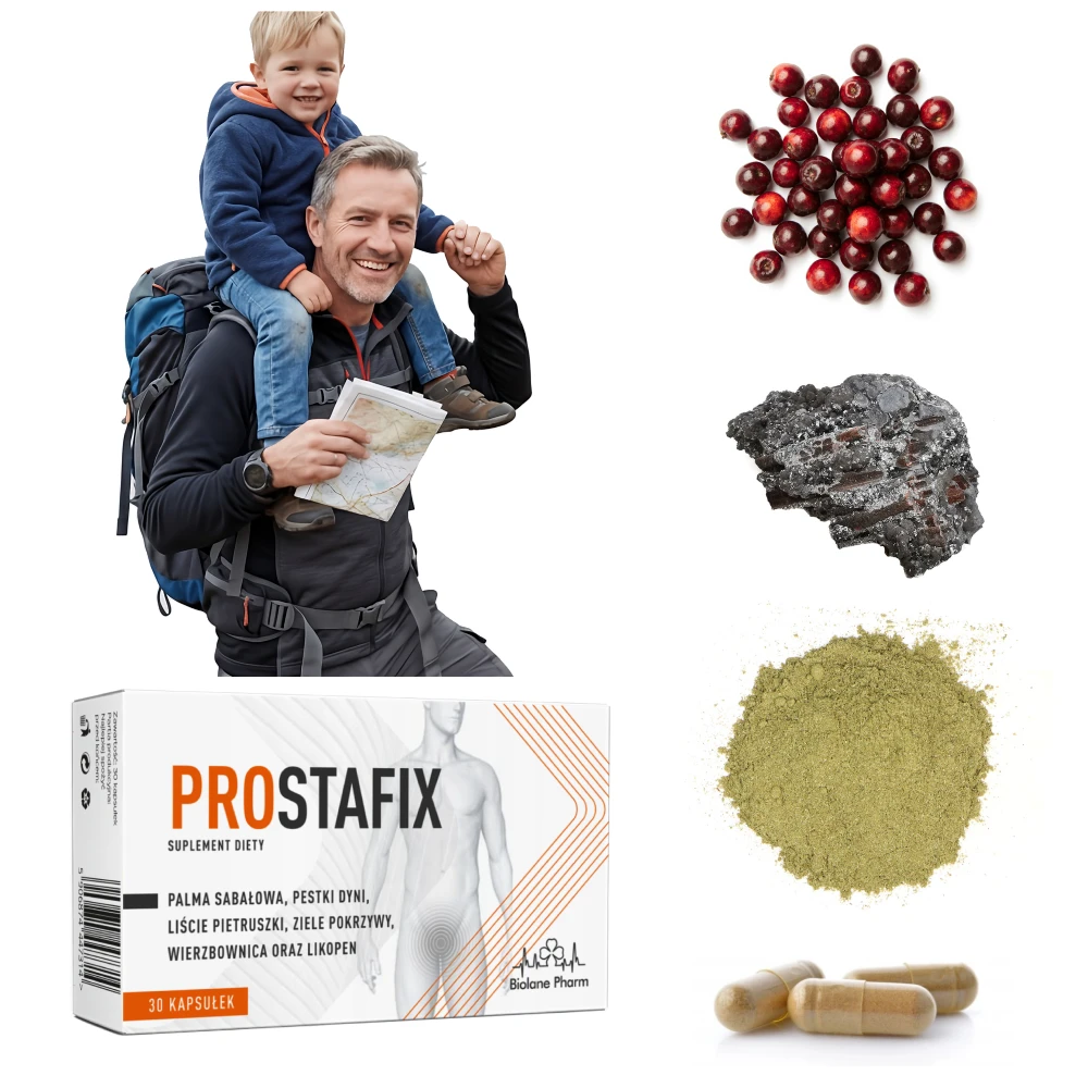 Suplement diety Prostafix Biolane Pharm na prostatę, 30 kapsułek, składniki: palma sabałowa, pestki dyni, pokrzywa, likopen. Na zdjęciu opakowanie, kapsułki, proszek roślinny i mężczyzna z dzieckiem podczas wycieczki.