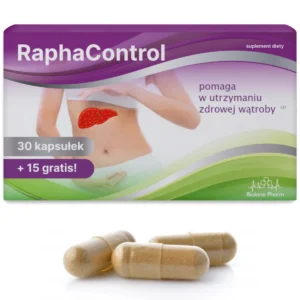 RaphaControl suplement diety 30 kapsułek + 15 gratis, opakowanie wspierające zdrową wątrobę, z grafiką sylwetki kobiety i wątroby. Obok trzy beżowe kapsułki.