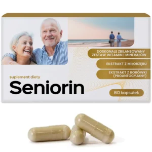 Suplement diety Seniorin 60 kapsułek, złoto-białe opakowanie z napisem, zawiera ekstrakt z miłorzębu, borówki i zestaw witamin dla seniorów, obok trzy beżowe kapsułki.