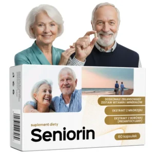 Suplement diety Seniorin dla seniorów, 60 kapsułek. Opakowanie z ekstraktem z miłorzębu i borówki, obok uśmiechnięta starsza para trzymająca kapsułkę.