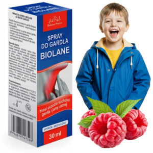 Spray do gardła Biolane Pharm 30ml dla dzieci od 3 lat na suche i podrażnione gardło. Na zdjęciu opakowanie produktu, roześmiane dziecko w niebieskiej kurtce i świeże maliny.