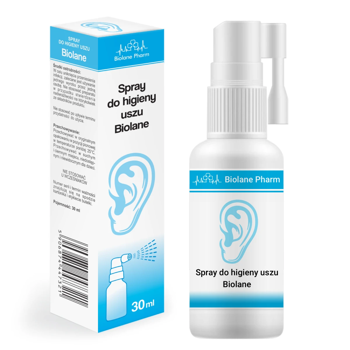 Spray do higieny uszu Biolane Pharm 30ml – butelka z atomizerem i kartonik. Produkt do usuwania woskowiny, higiena ucha, zdjęcie produktowe.