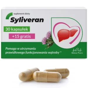 Syliveran suplement diety, 30 kapsułek + 15 gratis. Opakowanie na utrzymanie prawidłowego funkcjonowania wątroby, obok leżą trzy kapsułki.