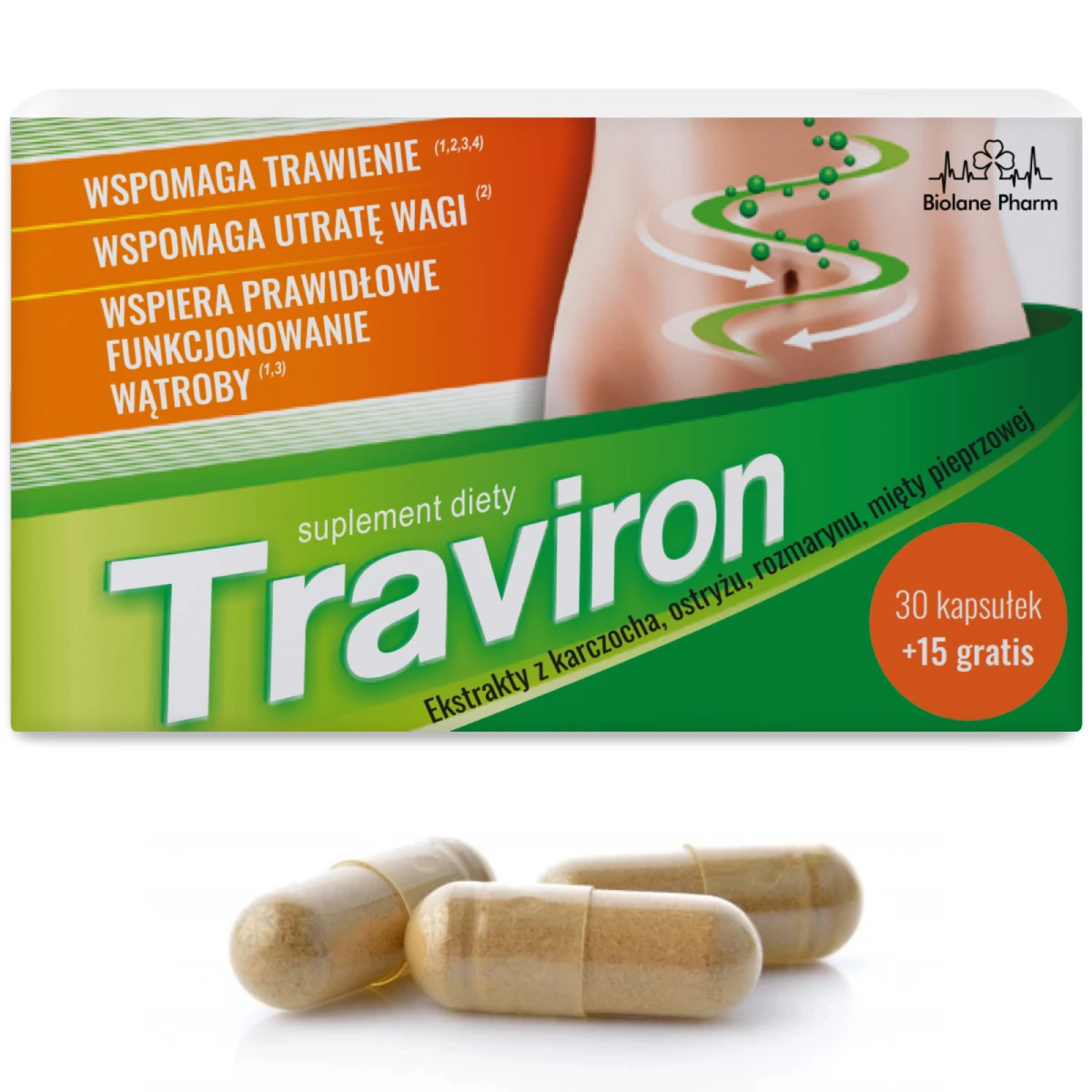 Traviron suplement diety, 30 kapsułek + 15 gratis. Opakowanie na trawienie, utratę wagi i wsparcie wątroby z ekstraktami z karczocha i ostryżu. Obok leżą trzy kapsułki.