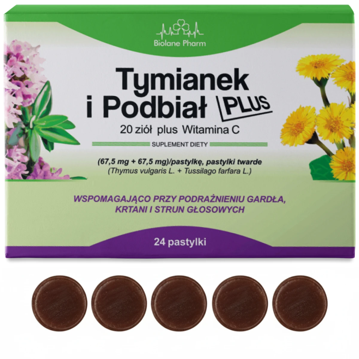Tymianek i Podbiał Plus Biolane Pharm, 20 ziół plus Witamina C, 24 pastylki twarde, białe opakowanie z zielonymi akcentami i grafiką tymianku i podbiału, na pierwszym planie dwie brązowe pastylki.