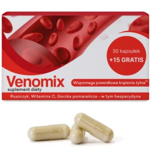 Venomix suplement diety, 30 kapsułek + 15 gratis na prawidłowe krążenie żylne. Produkt w opakowaniu z ruszczykiem, witaminą C i gorzką pomarańczą, obok trzy beżowe kapsułki.