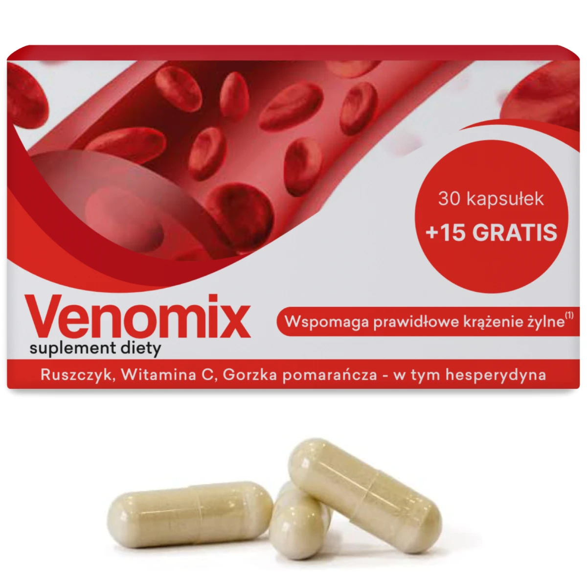 Venomix suplement diety, 30 kapsułek + 15 gratis na prawidłowe krążenie żylne. Produkt w opakowaniu z ruszczykiem, witaminą C i gorzką pomarańczą, obok trzy beżowe kapsułki.