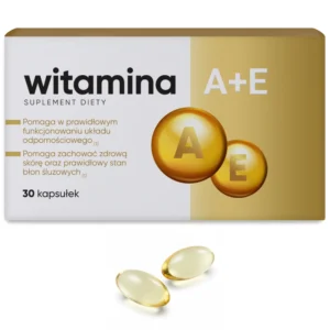 Witamina A+E suplement diety 30 kapsułek wsparcie odporności i zdrowa skóra – widok opakowania i dwóch złotych kapsułek