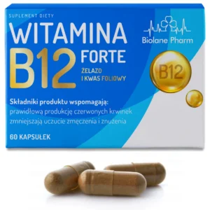 Witamina B12 Forte Biolane Pharm z żelazem i kwasem foliowym, 60 kapsułek, w biało-niebieskim opakowaniu z grafiką witaminy B12, promujące prawidłową produkcję czerwonych krwinek i zmniejszenie zmęczenia, na pierwszym planie trzy brązowe kapsułki.