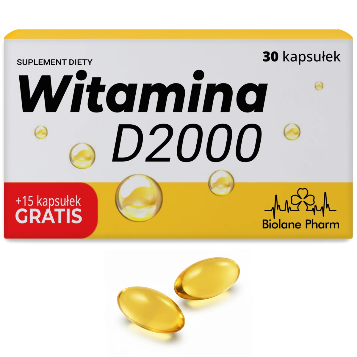 Opakowanie suplementu Witamina D2000 Biolane Pharm 30+15 kapsułek gratis, widoczne dwie złote miękkie kapsułki z witaminą D.