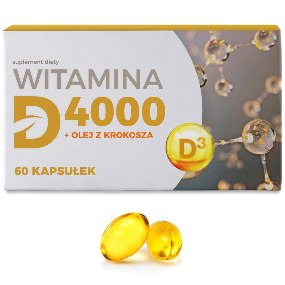 Witamina D 4000 + Olej z Krokosza Biolane Pharm suplement diety, 60 kapsułek, w biało-żółtym opakowaniu z grafiką molekularną i kulką witaminy D3, na pierwszym planie dwie żółte kapsułki.