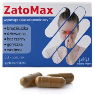 ZatoMax Biolane Pharm, suplement diety, 30 kapsułek, w biało-niebieskim opakowaniu z grafiką zatok i wymienionymi składnikami: brodziszka, dziewanna, bez czarny, goryczka, werbena, na pierwszym planie trzy brązowe kapsułki.
