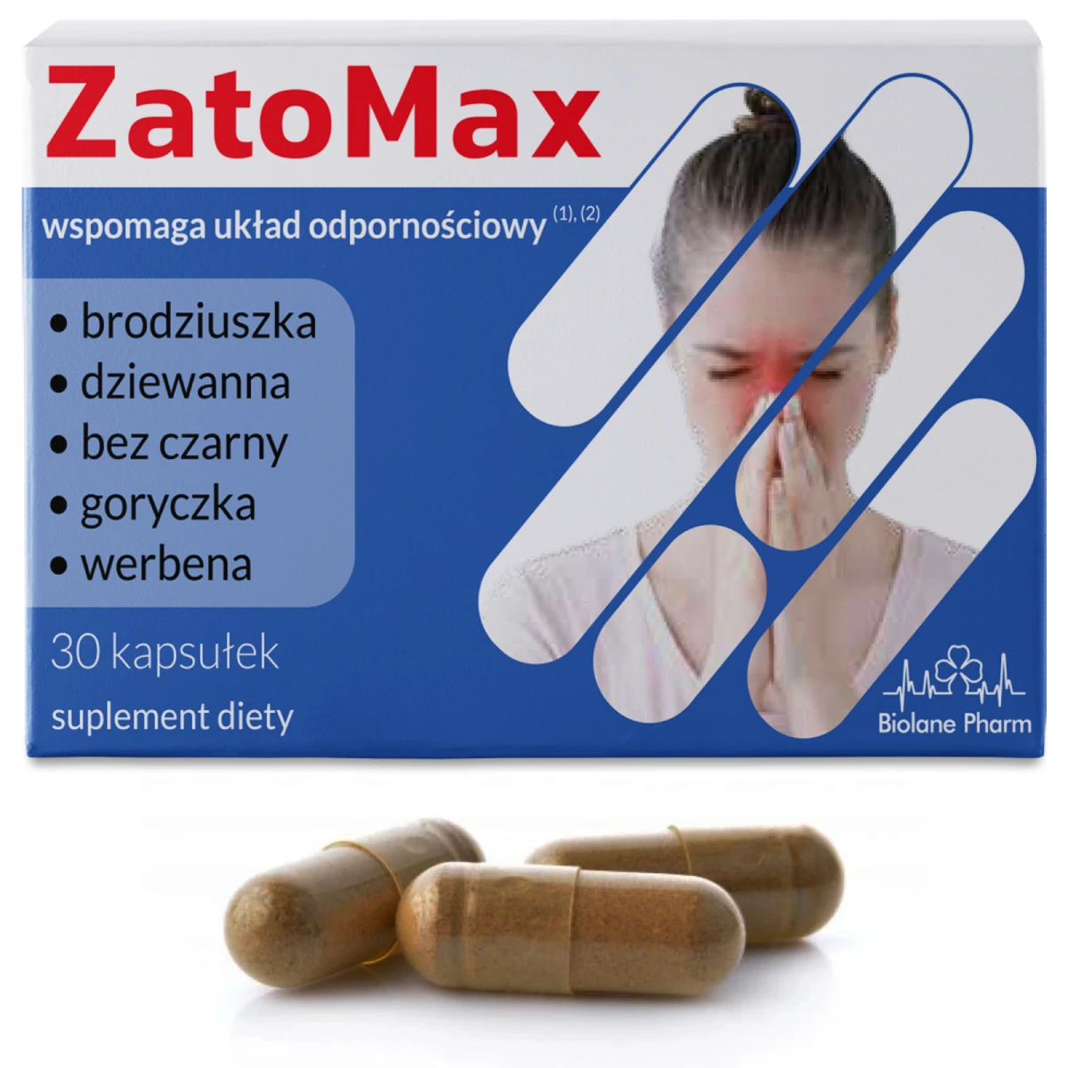 ZatoMax Biolane Pharm, suplement diety, 30 kapsułek, w biało-niebieskim opakowaniu z grafiką zatok i wymienionymi składnikami: brodziszka, dziewanna, bez czarny, goryczka, werbena, na pierwszym planie trzy brązowe kapsułki.