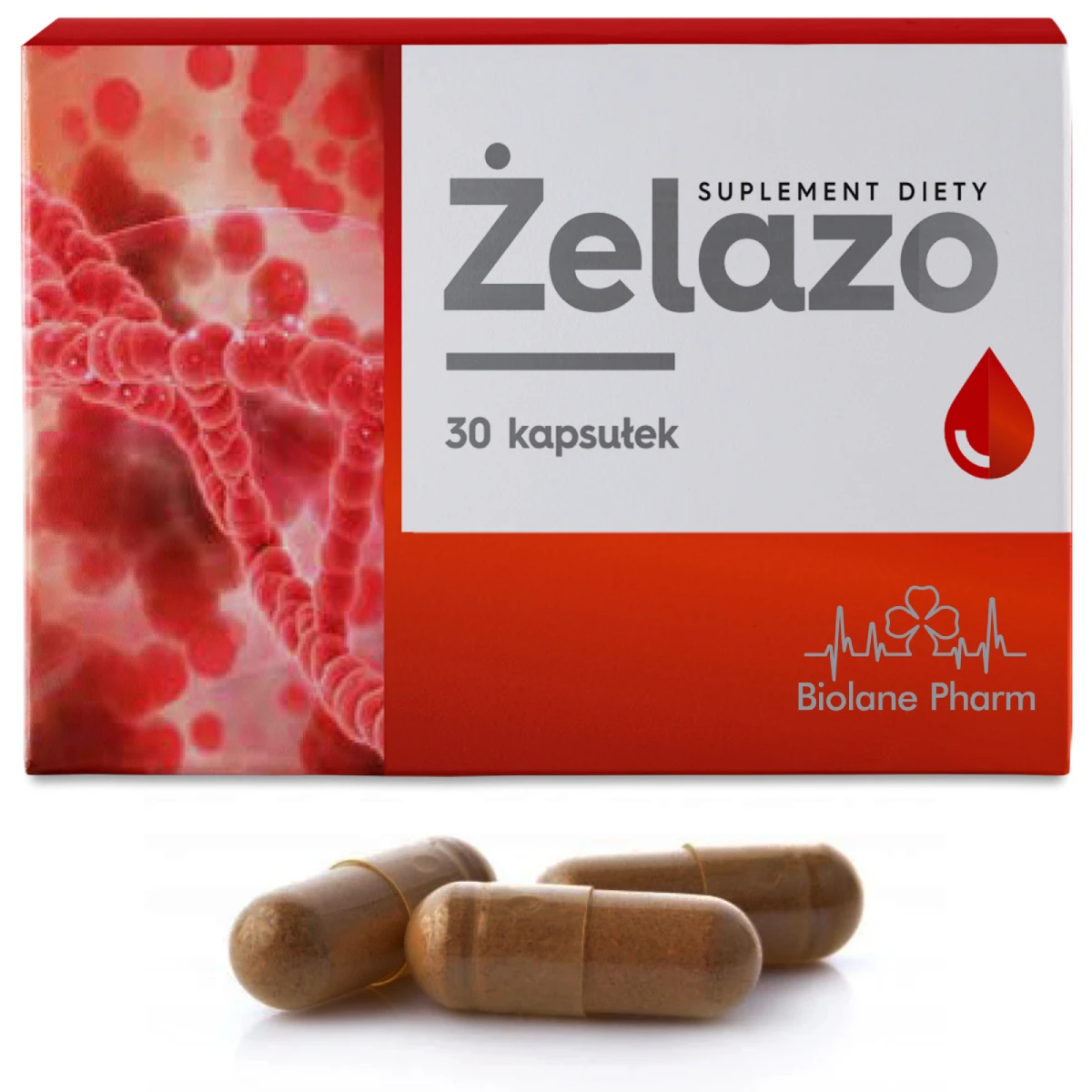 Żelazo Biolane Pharm suplement diety, 30 kapsułek, w białym opakowaniu z czerwonymi akcentami i grafiką erytrocytów, na pierwszym planie trzy brązowe kapsułki, promujące wsparcie witalności i prawidłowej produkcji krwi.