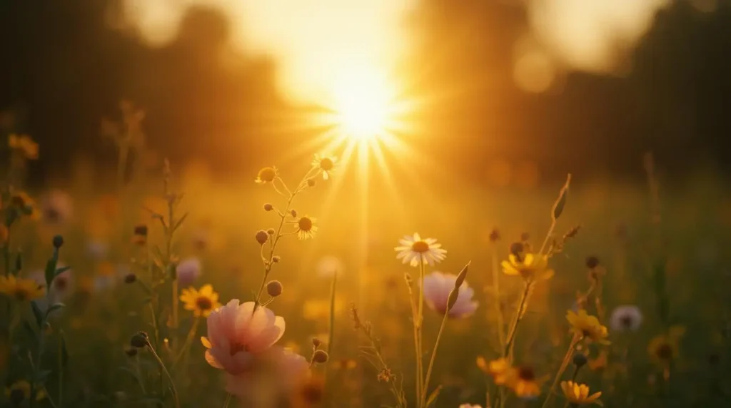 Dzika łąka z kwiatami rumianku oświetlona promieniami słonecznymi o zmierzchu – fotografia produktowa podkreślająca naturę, wellness i składniki roślinne suplementów.