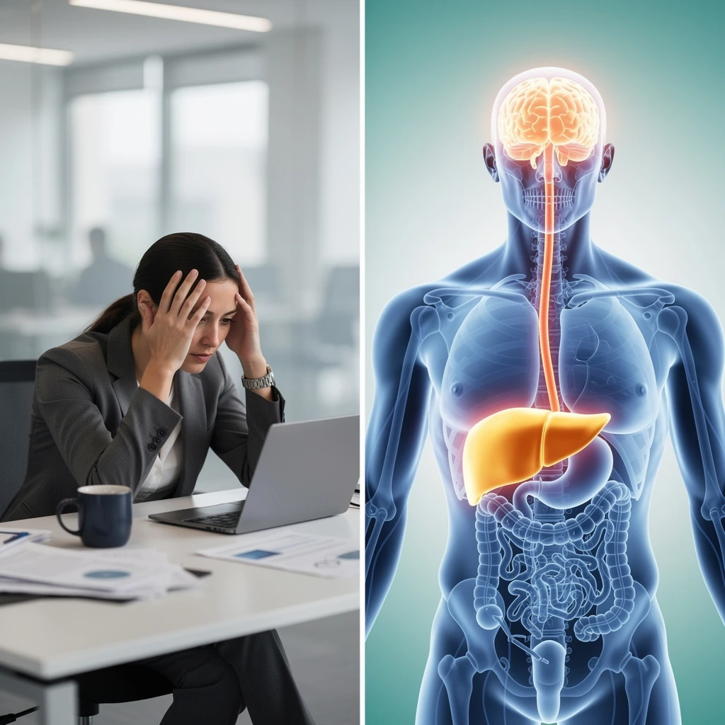 Kobieta w biurze trzymająca się za głowę z powodu stresu obok ilustracji człowieka z mózgiem, przełykiem i wyróżnioną wątrobą.